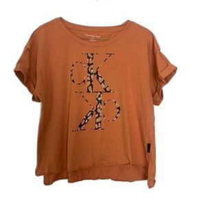Calvin Klein cropped short sleeve burnt orange bedazzled mirrored logo top LARGE